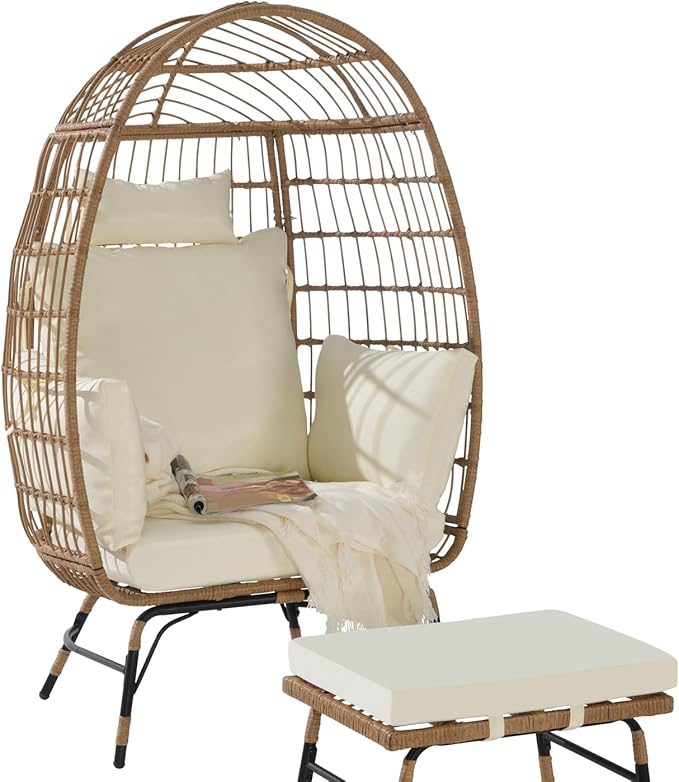 Oversized Wicker Egg Chair with Ottoman, Rattan Patio Egg Chair with Stand and Thick Cushions - Photo 7