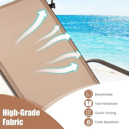 Giantex Patio Chaise Lounge Chair - Outdoor Beach Chair with Adjustable Canopy, Cupholder, 5-Level Backrest, Metal Frame Sunbathing Lounger for Outside, Poolside, Yard, Lawn Tanning Chair (2, Brown)