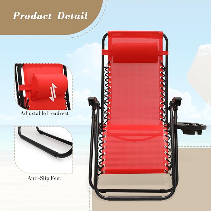 Athena Collection Zero Gravity Outdoor Lounge Chairs Set of 2, 25" Width Pool Lounge Lawn Chairs Reclining with Cup Holder, Outdoor Chaise for Beach Patio Backyard Outside, Red