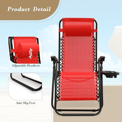 Athena Collection Zero Gravity Outdoor Lounge Chairs Set of 2, 25" Width Pool Lounge Lawn Chairs Reclining with Cup Holder, Outdoor Chaise for Beach Patio Backyard Outside, Red