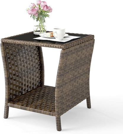 Outdoor Wicker Side Table Rattan Side Tables End Table for Patio with Glass Top Rattan Storage for Patio Garden Balcony