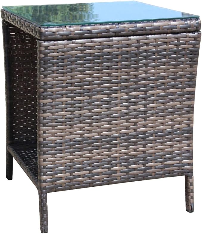 Rattan Side Table with Glass Top, Outdoor Wicker End Table for Patio, Porch, Garden, 19.25" Square, 21" Tall, 120 Lbs Capacity, Weather-Resistant PE Rattan, Easy Assembly
