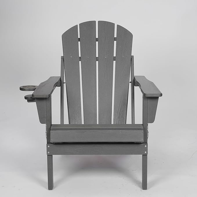 HDPE Foldable Adirondack Chair with Cup Holder Outside, Composite Outdoor Chairs with Wood Texture, Grey - Photo 5