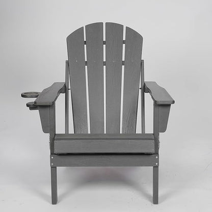 HDPE Foldable Adirondack Chair with Cup Holder Outside, Composite Outdoor Chairs with Wood Texture, Grey