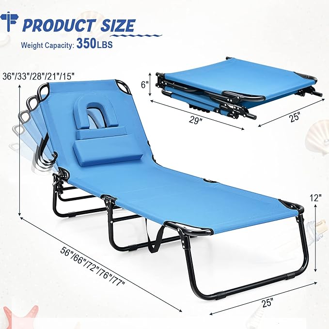 HAPPYGRILL 2PCS Foldable Beach Chaise Lounge Chair with Face Hole & Detachable Pillows, Portable Sunbathing Tanning Chair with 5 Adjustable Positions, Outdoor & Indoor Recliner for Beach Camping Patio