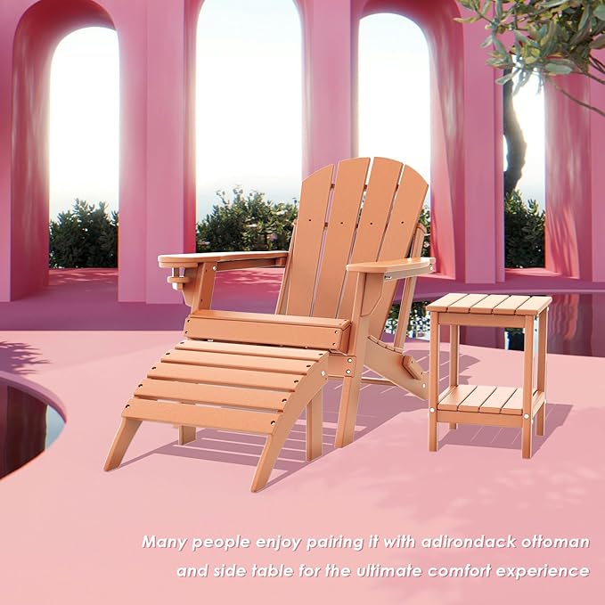 IVY&LANE Folding-Adirondack-Chairs-Set-of-4 | HDPE Plastic | Outdoor Fire Pit Chair with Cup Holder | Teak | Poly | Weather Resistant | for Patio Deck Poolside Garden Beach