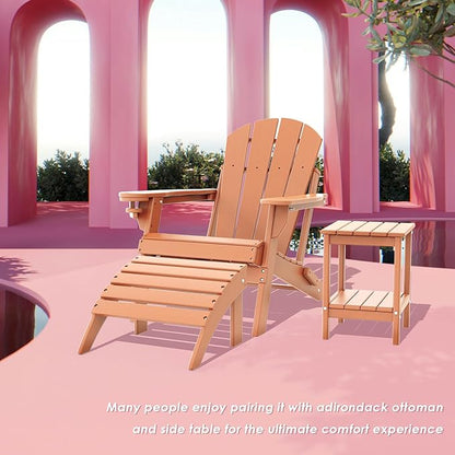 IVY&LANE Folding-Adirondack-Chairs-Set-of-4 | HDPE Plastic | Outdoor Fire Pit Chair with Cup Holder | Teak | Poly | Weather Resistant | for Patio Deck Poolside Garden Beach