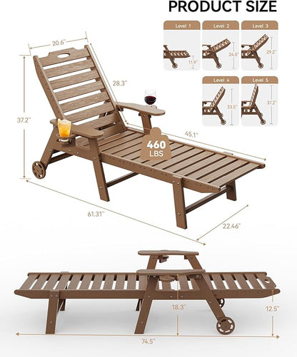 Carauci Lounge Chair Outdoor, HDPE Chaise Lounge with Wheels, 5-Position Adjustable Backrest & 2 Cup Holders Patio Lounge Chair, All-Weather Pool Sun Lounger for Poolside, Backyard, Teak