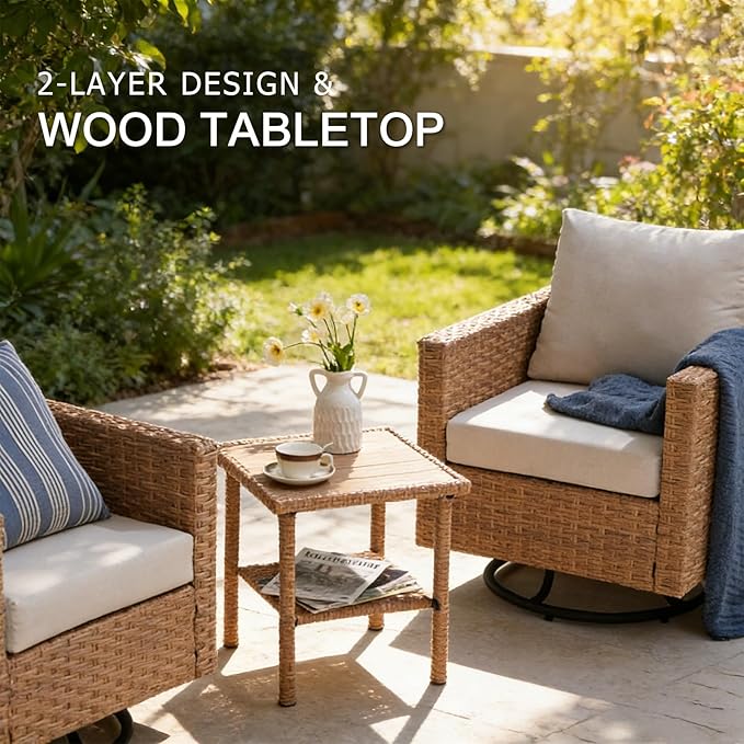 SUNSITT 3-Pieces Patio Furniture Set, Outdoor Wicker Swivel Rocker Chairs with Wood Top Side Table & Thick Comfy Cushions, for Porch, Balcony, Deck, Natural Rattan Color