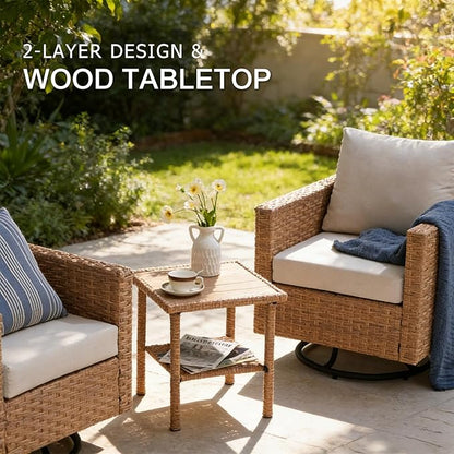 SUNSITT 3-Pieces Patio Furniture Set, Outdoor Wicker Swivel Rocker Chairs with Wood Top Side Table & Thick Comfy Cushions, for Porch, Balcony, Deck, Natural Rattan Color
