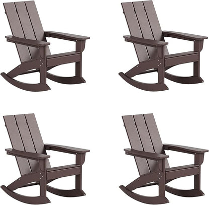 WestinTrends Ashore Patio Rocking Chairs Set of 4, All Weather Poly Lumber Plank Adirondack Rocker Chair, Modern Farmhouse Outdoor Rocking Chairs for Porch Garden Backyard and Indoor, Dark Brown