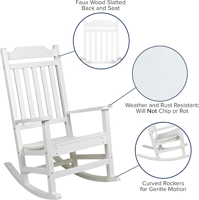 Flash Furniture Winston Set of 2 Rocking Chairs with Side Table - White Poly Resin - Weather Resistant