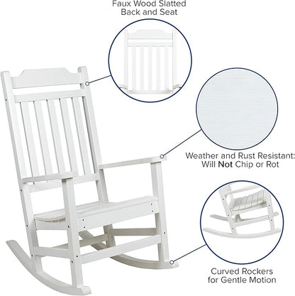 Flash Furniture Winston Set of 2 Rocking Chairs with Side Table - White Poly Resin - Weather Resistant