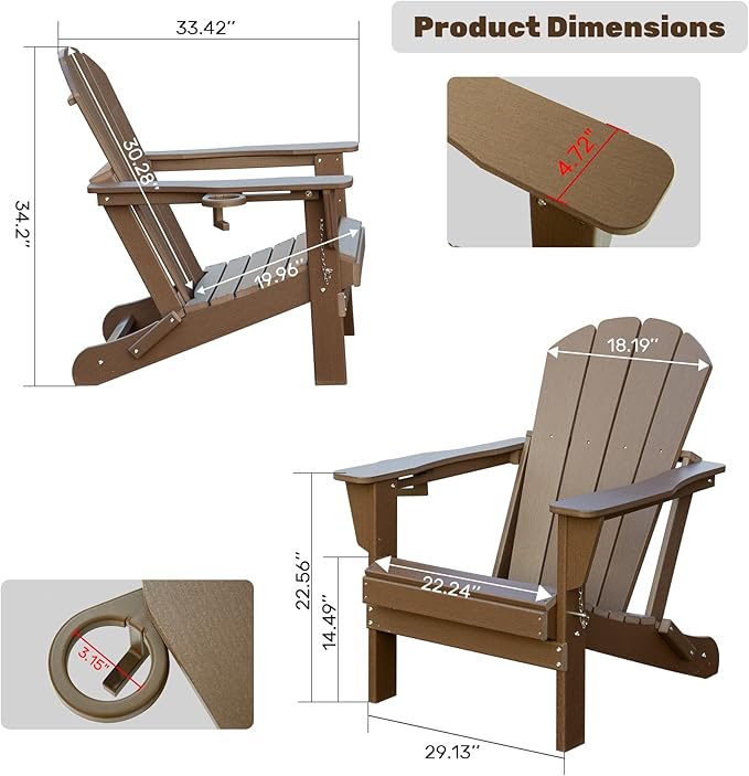 Domi Folding Adirondack Chair, HDPE Adirondack Chair with Cup Holder - Photo 3
