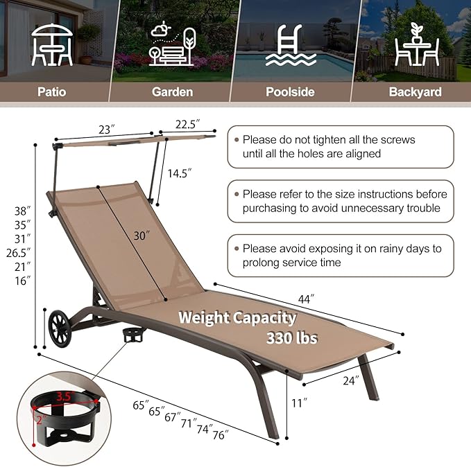 Giantex Set of 2 Outdoor Chaise Lounge Chair, Tanning Chair with Sunshade, Smooth Wheels, 6-Level Adjustable Position, Cup Holder, Metal Frame, Patio Chaise Lounge for Sunbathing, Yard, Poolside (2)