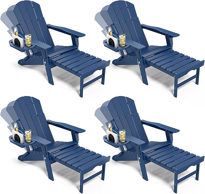 Adjustable Adirondack Chair with Retractable Ottoman Set of 4, HDPE Folding Adirondack Chair with Cup Holder, All Weather Fire Pit Chair for Outdoor.
