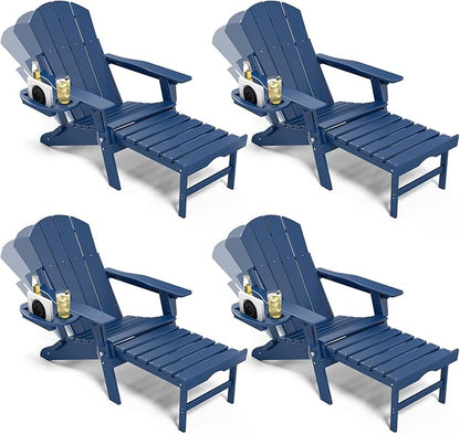 Adjustable Adirondack Chair with Retractable Ottoman Set of 4, HDPE Folding Adirondack Chair with Cup Holder, All Weather Fire Pit Chair for Outdoor.
