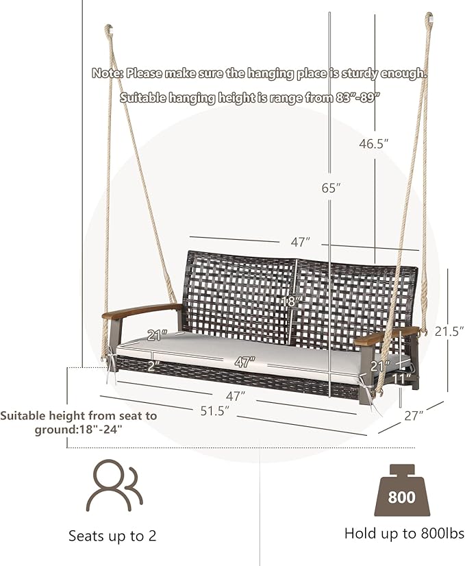 RELAX4LIFE 2-Seater Outdoor Porch Swing - PE Wicker Porch Loveseat Swing with 118” Hanging Ropes - Photo 5