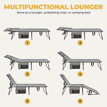 Yaheetech 26.4" Outdoor Folding Tanning Chair, Chaise Lounge Chairs with 5 Back Position Adjustable, Extended Portable Lounger for Beach, Patio, Gray