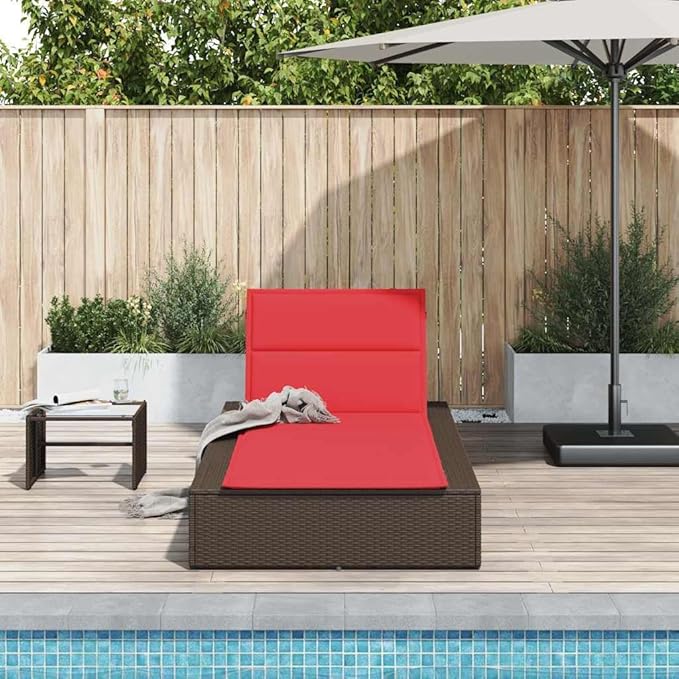 Brown Poly Rattan Outdoor Chaise Lounge 39.4 x 32.6 x 31.1 in Adjustable Backrest & Armrest for Patio Poolside Sunbathing, Garden Backyard Backyard Relaxation