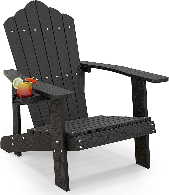 Tangkula Oversized Adirondack Chair, Patio Lounge Chairs w/Adjustable Cup Holder, HIPS Armchairs Slatted Chair, Outdoor Weather Resistant Fire Pit Chair for Deck Backyard Garden Porch (1, Black)