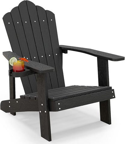 Tangkula Oversized Adirondack Chair, Patio Lounge Chairs w/Adjustable Cup Holder, HIPS Armchairs Slatted Chair, Outdoor Weather Resistant Fire Pit Chair for Deck Backyard Garden Porch (1, Black)