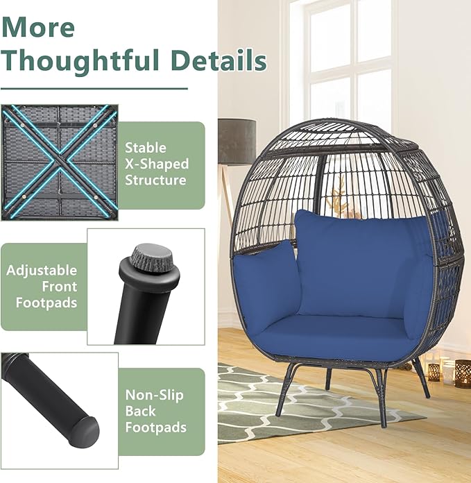 Tangkula PE Wicker Egg Chair, Patiojoy Oversized Indoor Outdoor Patio Lounge Chair with Cushions and Pillows, Steel Frame Basket Chair for Garden, Deck, Balcony, Living Room (Navy)