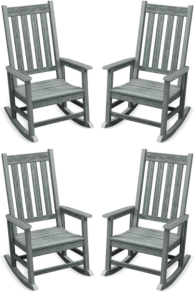 Outdoor Rocking Chair Set of 4, HDPE Oversized Patio Rocking Chairs, Weather Resistant, 350lbs Heavy Duty Porch Rocker with High Back for Backyard, Fire Pit, Garden and Indoor (Grey)
