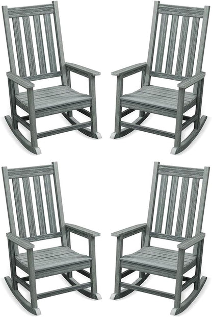 Outdoor Rocking Chair Set of 4, HDPE Oversized Patio Rocking Chairs, Weather Resistant, 350lbs Heavy Duty Porch Rocker with High Back for Backyard, Fire Pit, Garden and Indoor (Grey)