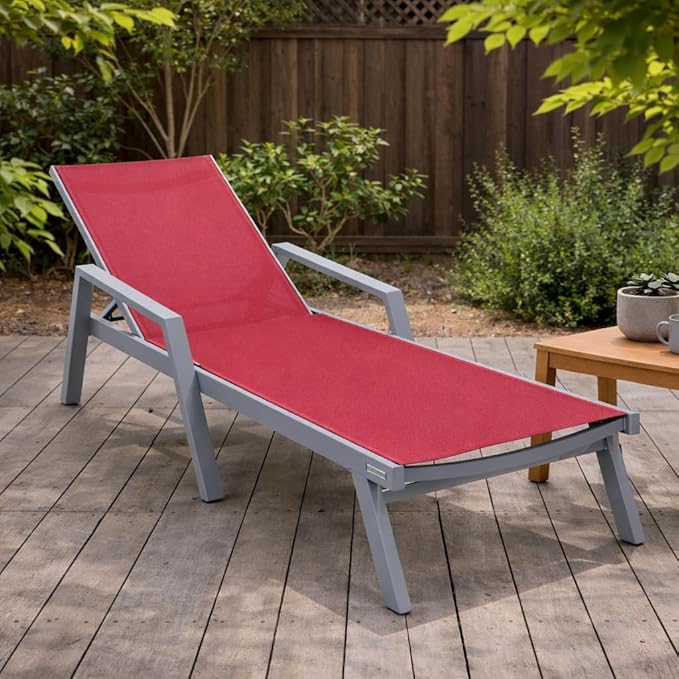 LeisureMod Marlin Patio Chaise Lounge Chair, Adjustable Outdoor Grey Aluminum Lounge with Breathable Mesh Sling Back, Lightweight Poolside Reclining Sun Lounger Weather & UV Resistant (Burgundy)