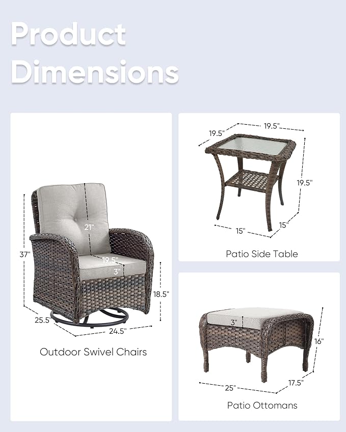 5 Pieces Outdoor Wicker Patio Furniture Set-High Back Outdoor Rocking Chairs Set of 2 with Ottoman Patio Conversation Sets for Deck Lawn Porch Balcony Poolside-Brown/Beige