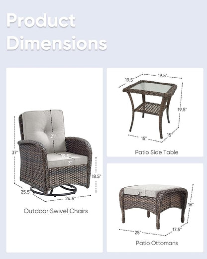 5 Pieces Outdoor Wicker Patio Furniture Set-High Back Outdoor Rocking Chairs Set of 2 with Ottoman Patio Conversation Sets for Deck Lawn Porch Balcony Poolside-Brown/Beige
