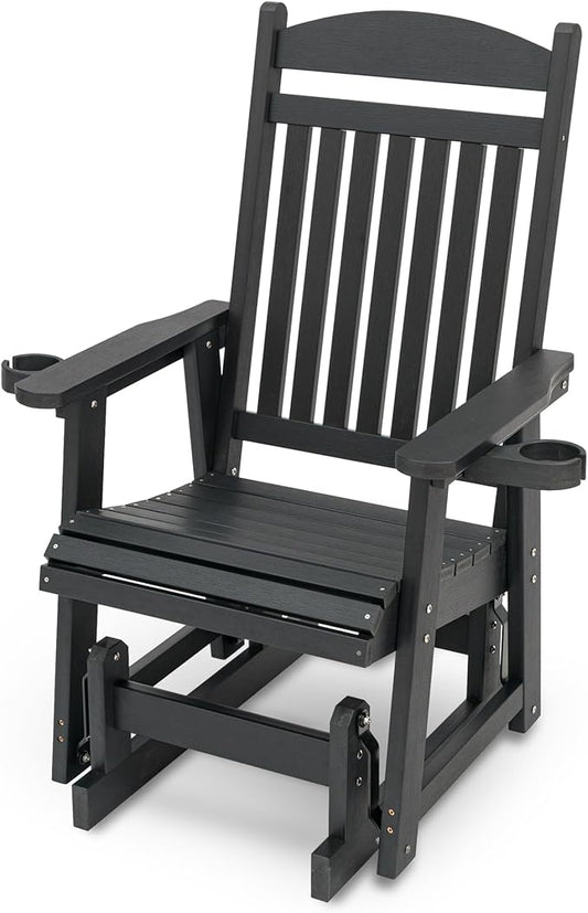 Poly Lumber Patio Glider for One Person, with Cup Holders, High Backrest and Deep Contoured Seat, HIPS Material, All-Weather Resistant, Heavy Duty 700 LBS (Matte Black)