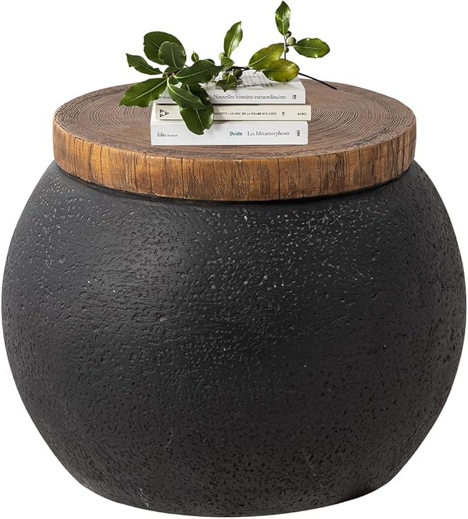 HOMPUS Concrete Outdoor Side Table Jar Shaped Round Coffee Table, Home Decor Plant Stand Outdoor Accent Modern Nightstand Patio Drum End Table for Living Room, Bedroom or Balcony,No Assembly