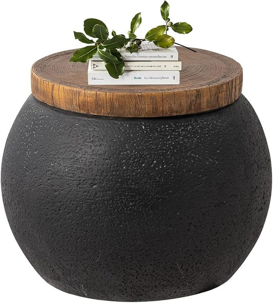 HOMPUS Concrete Outdoor Side Table Jar Shaped Round Coffee Table, Home Decor Plant Stand Outdoor Accent Modern Nightstand Patio Drum End Table for Living Room, Bedroom or Balcony,No Assembly