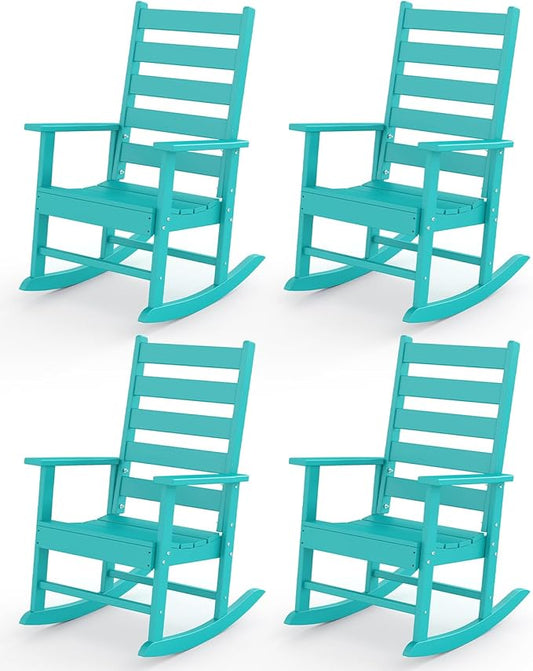 GREENVINES Outdoor-Rocking-Chairs-Set-of-4 | HDPE Plastic | Patio Rockers | Porch Rocker Chair | Shaker | Oversized | High Ladder Back | Big & Tall | PentaLuxe | Aqua