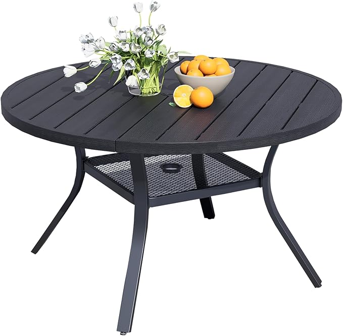 42" Square Patio Dining Table for 4, All-Weather Patio Table with Umbrella Hole, Outdoor Round Dining Table for Lawn Garden Porch, Black