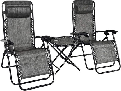Giantex 3 PCS Zero Gravity Chair Patio Chaise Lounge Chairs Outdoor Yard Pool Recliner Folding Lounge Table Chair Set (Gray)