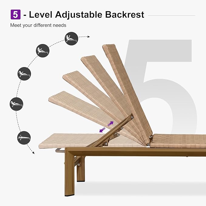 PURPLE LEAF Patio Chaise Lounge Rattan Chair Outdoor Pool Adjustable Recliner Wicker Lounger for Outside Woven Furniture Tanning Poolside Lounger Sand Brown