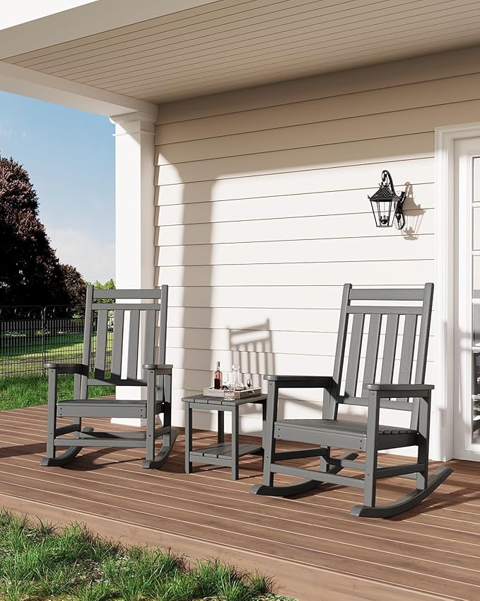 HDPE Outdoor High Back Adirondack Rocking Chair, All-Weather Patio Furniture for Adults, 380lbs Weight Capacity, Low-Maintenance Porch Rocker for Backyard/Garden, Gray
