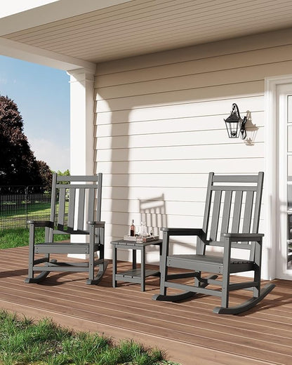 HDPE Outdoor High Back Adirondack Rocking Chair, All-Weather Patio Furniture for Adults, 380lbs Weight Capacity, Low-Maintenance Porch Rocker for Backyard/Garden, Gray