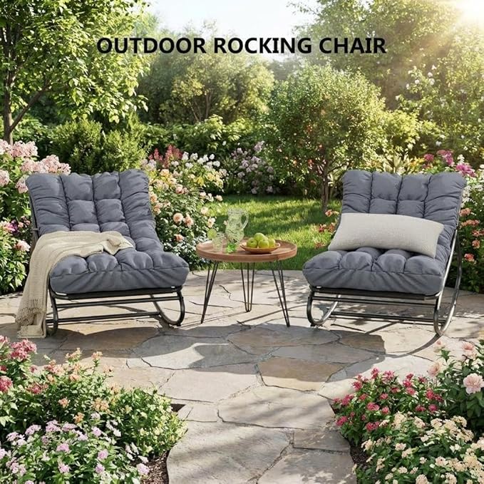 GarveeLife Outdoor Rocking Chair with Cushion, Metal Frame Patio Glider Chair with Oxford Fabric Seat - Photo 2