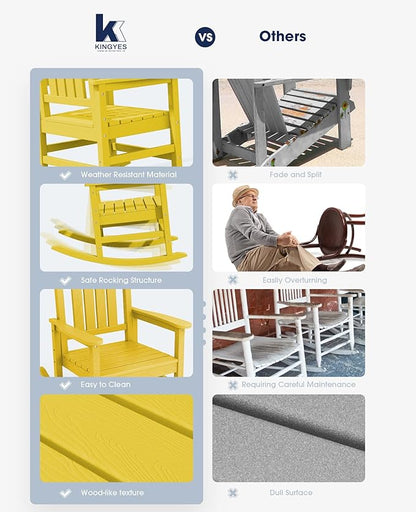 KINGYES Outdoor Rocking Chair Set of 2, HDPE Patio Rocking Chairs with 330lbs Support for Adults, Yellow