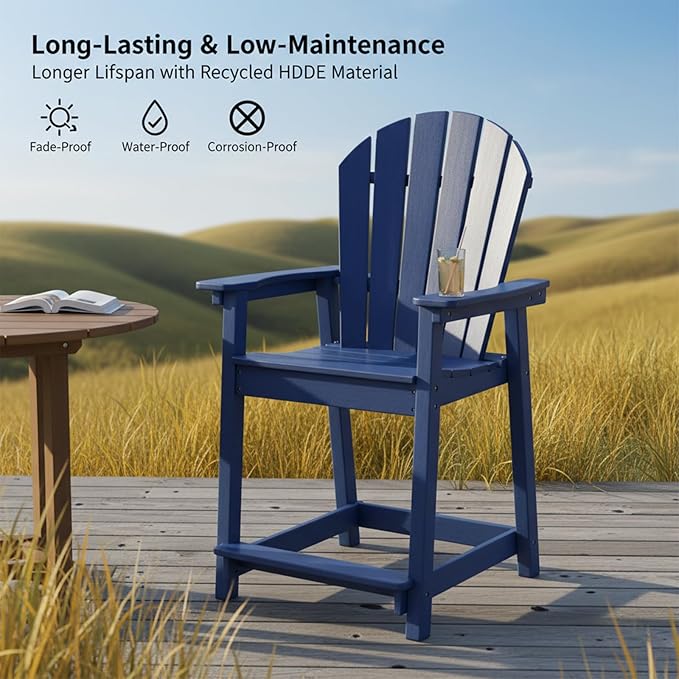 OTSUN Tall Modern Adirondack Chairs Set of 2, All Weather HDPE Bar Height Adirondack Stools Widened Durable Design for Porch Patio Yard Lawn Fire Pit Bistro Basement Indoors & Outdoors