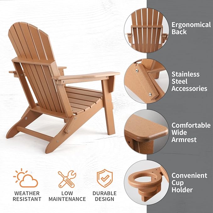 FUNBERRY Folding Adirondack Chair, HDPE All Weather Fire Pit Chairs with Cup Holder for Outdoor