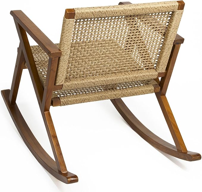 TeakCraft Teak Rocking Chair with Rattan Seat for Adults, Indoor & Outdoor Rocking Chair, Accent Chair, Durable for Patio, Porch, Garden, Living Room, Nursery, Balcony, All Season, The Alinda