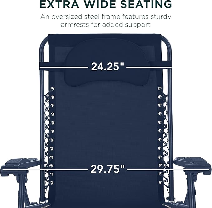 Best Choice Products Oversized Zero Gravity Chair, Folding Outdoor Patio Lounge Recliner w/Cup Holder Accessory Tray, Pillow - Indigo