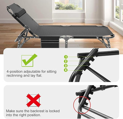 LILYPELLE Folding Outside Chaise Lounge Chair with Mattress, 5 Position Adjustable Patio Folding Lounge Chair Reclining Chairs Perfect for Outside, Sunbathing, Camping, Pool, Beach, Patio, Noble Gray