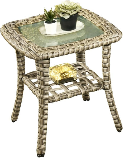 ovios Outdoor Side Table with Tempered Glass Top, Patio Wicker Rattan 2-Tier Storage Coffee End Tables for Porch Deck Balcony Garden Poolside (Mixed Brown-Small Size)