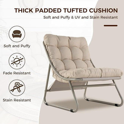 Grand patio Outdoor Lounge Chair with Foot Stool, Comfy Sling Recliner Chair with Puffy Cushion and Foot Rest, Modern Patio Furniture Set for Porch Deck Garden, Champagne Gray
